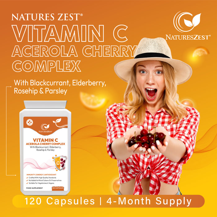 Vitamin C Complex for Immune & Energy Support – Natural Acerola Cherry with Elderberry, Rosehip & Blackcurrant, 120 Vegan Capsules