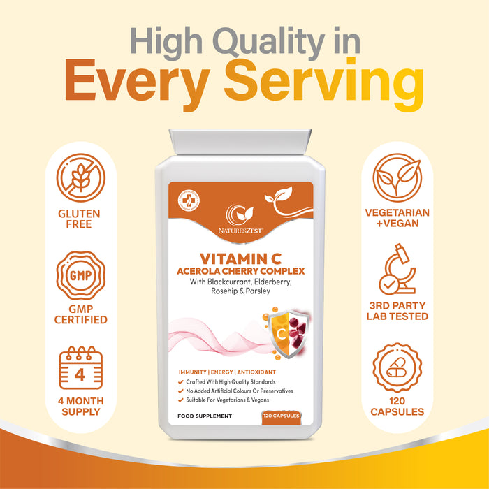 Vitamin C Complex for Immune & Energy Support – Natural Acerola Cherry with Elderberry, Rosehip & Blackcurrant, 120 Vegan Capsules