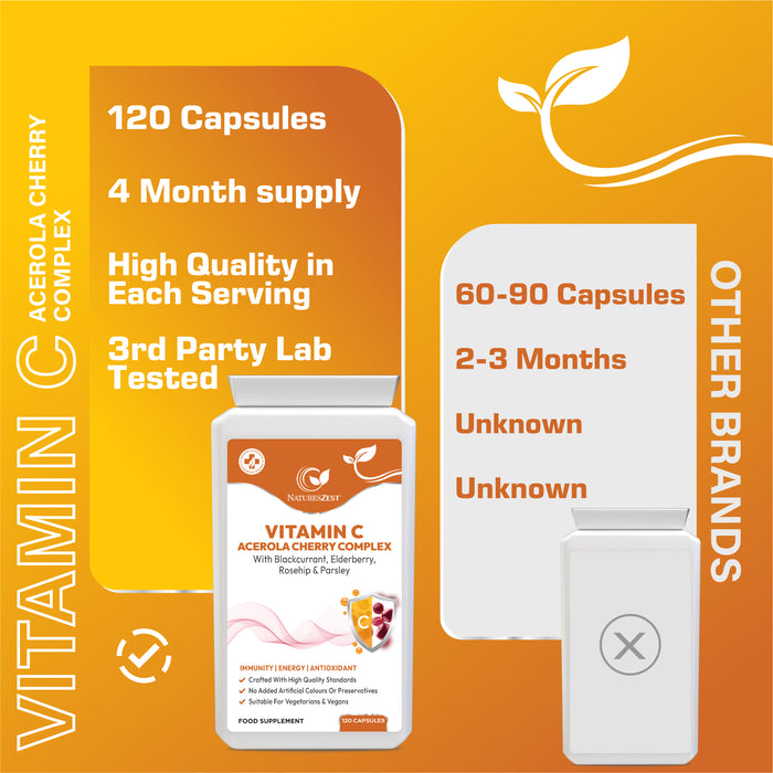 Vitamin C Complex for Immune & Energy Support – Natural Acerola Cherry with Elderberry, Rosehip & Blackcurrant, 120 Vegan Capsules