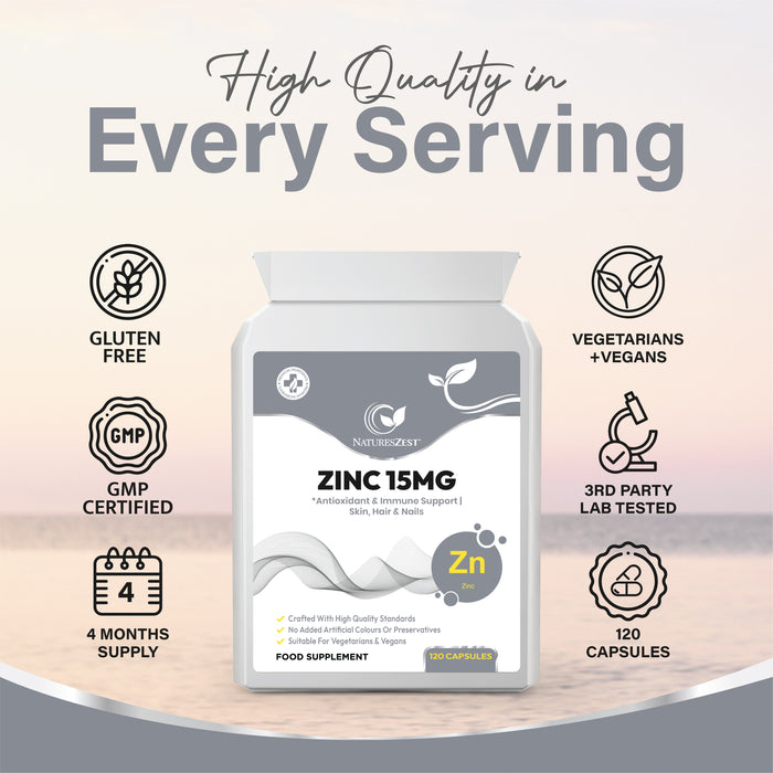 Zinc Supplement for Immunity, Skin & Cognitive Health Support – Highly Absorbable Zinc Citrate 15mg, 120 Vegan Capsules for Hair, Skin, Nails & Bones