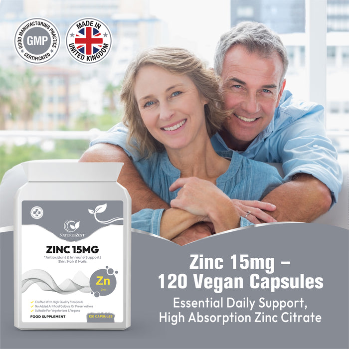 Zinc Supplement for Immunity, Skin & Cognitive Health Support – Highly Absorbable Zinc Citrate 15mg, 120 Vegan Capsules for Hair, Skin, Nails & Bones