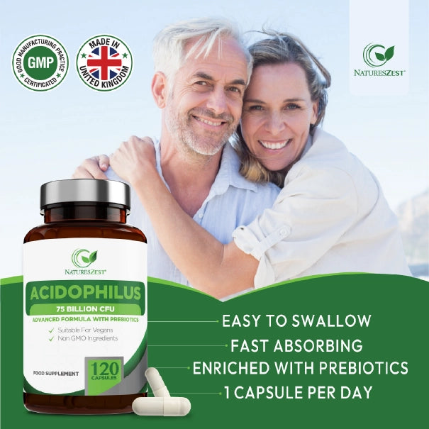 High Strength Probiotic 75 Billion CFU for Gut & Digestive Health Support – Lactobacillus Acidophilus with Prebiotics, 120 Capsules