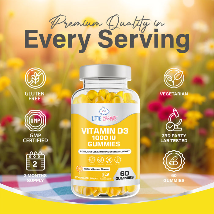 Vitamin D3 1000IU Gummies for Children Bone, Muscle & Immune Support – 60 Natural Lemon Flavour Gummies