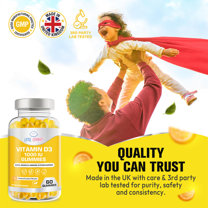 Vitamin D3 1000IU Gummies for Children Bone, Muscle & Immune Support – 60 Natural Lemon Flavour Gummies