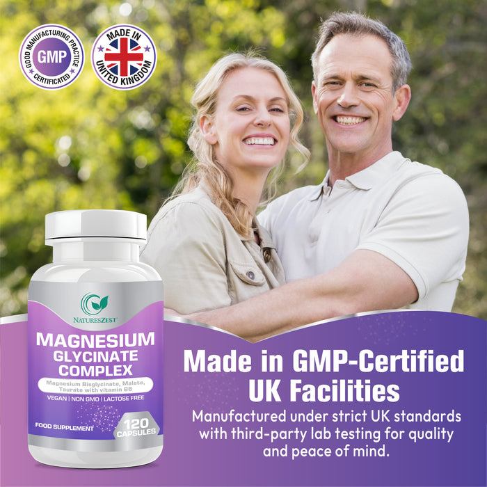 Magnesium Complex for Energy, Sleep & Muscle Support – Glycinate, Malate & Taurate with Vitamin B6, 120 Vegan Capsules