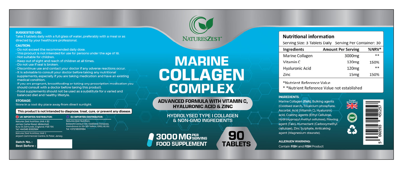 High Strength Marine Collagen for Skin, Hair & Joint Health Support – Collagen Complex 3000mg, 90 Tablets