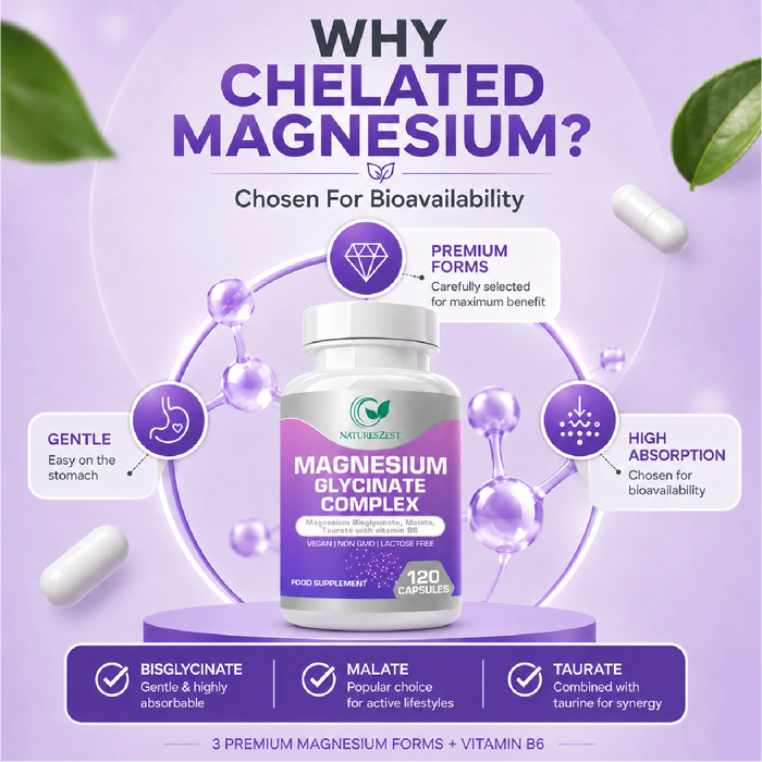 Magnesium Complex for Energy, Sleep & Muscle Support – Glycinate, Malate & Taurate with Vitamin B6, 120 Vegan Capsules