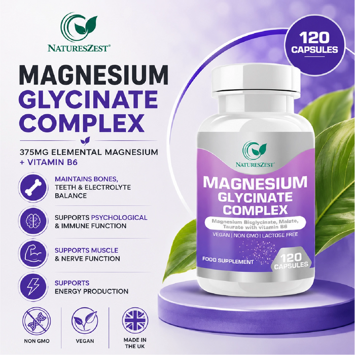 Magnesium Complex for Energy, Sleep & Muscle Support – Glycinate, Malate & Taurate with Vitamin B6, 120 Vegan Capsules