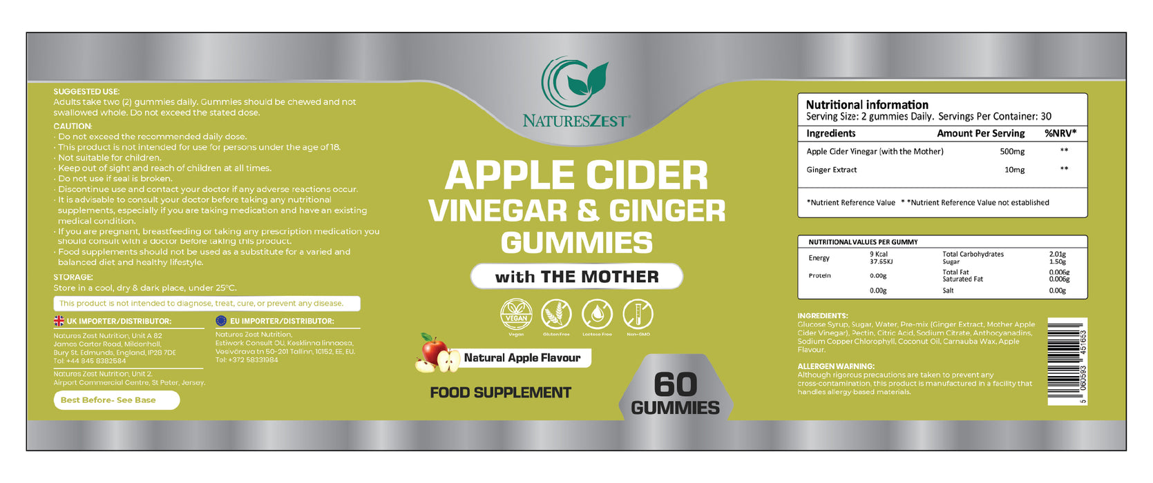 Apple Cider Vinegar & Ginger Gummies with The Mother | 500mg ACV + 10mg Ginger per Serving, Natural Apple Flavour | 60 Gummies