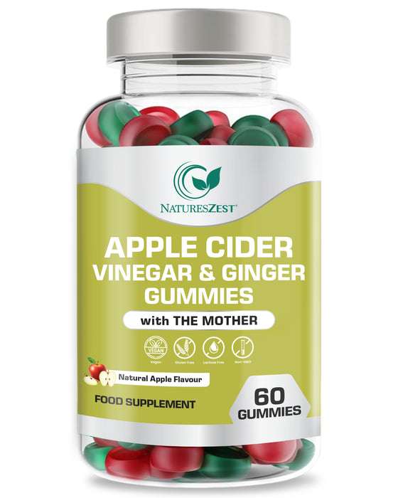 Apple Cider Vinegar & Ginger Gummies with The Mother | 500mg ACV + 10mg Ginger per Serving, Natural Apple Flavour | 60 Gummies