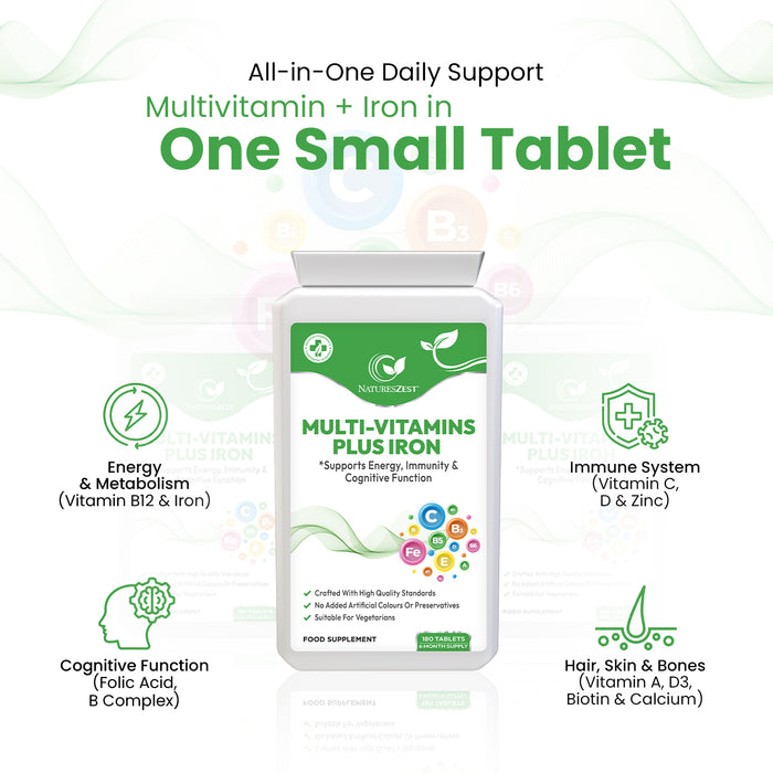 Multivitamin Plus Iron for Energy, Immunity & Cognitive Support – High Strength Formula, 180 Vegetarian Tablets (6-Month Supply)