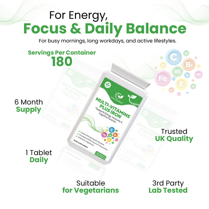 Multivitamin Plus Iron for Energy, Immunity & Cognitive Support – High Strength Formula, 180 Vegetarian Tablets (6-Month Supply)