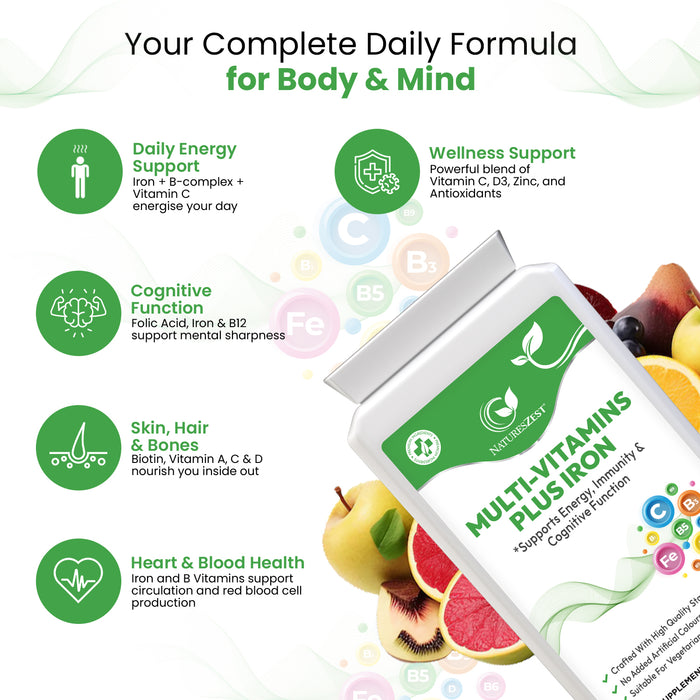 Multivitamin Plus Iron for Energy, Immunity & Cognitive Support – High Strength Formula, 180 Vegetarian Tablets (6-Month Supply)