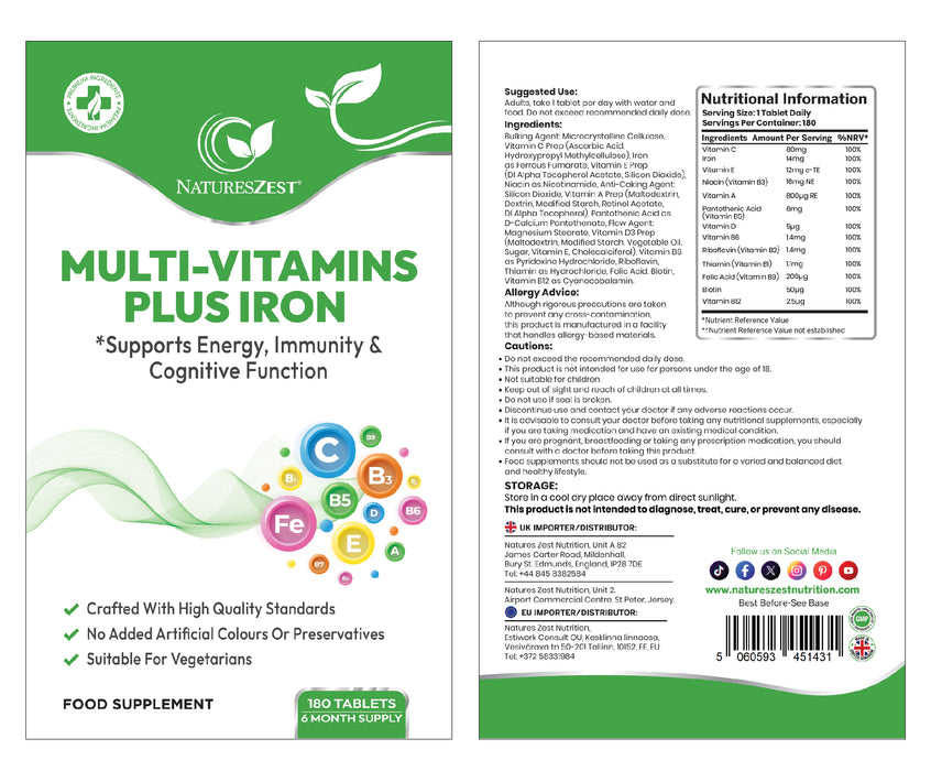 Multivitamin Plus Iron for Energy, Immunity & Cognitive Support – High Strength Formula, 180 Vegetarian Tablets (6-Month Supply)
