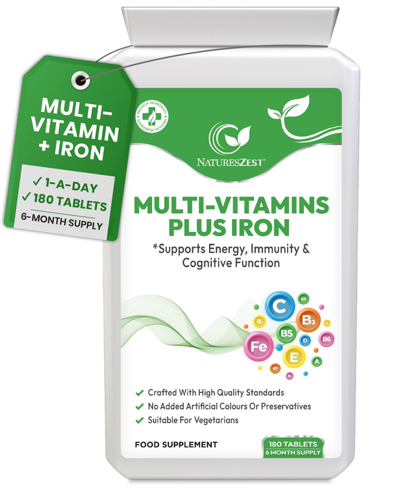 Multivitamin Plus Iron for Energy, Immunity & Cognitive Support – High Strength Formula, 180 Vegetarian Tablets (6-Month Supply)