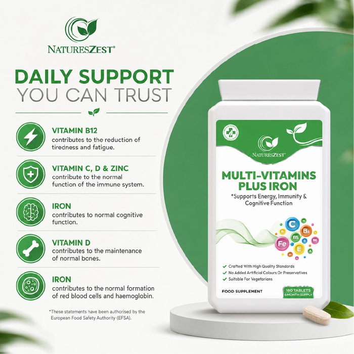 Multivitamin Plus Iron for Energy, Immunity & Cognitive Support – High Strength Formula, 180 Vegetarian Tablets (6-Month Supply)