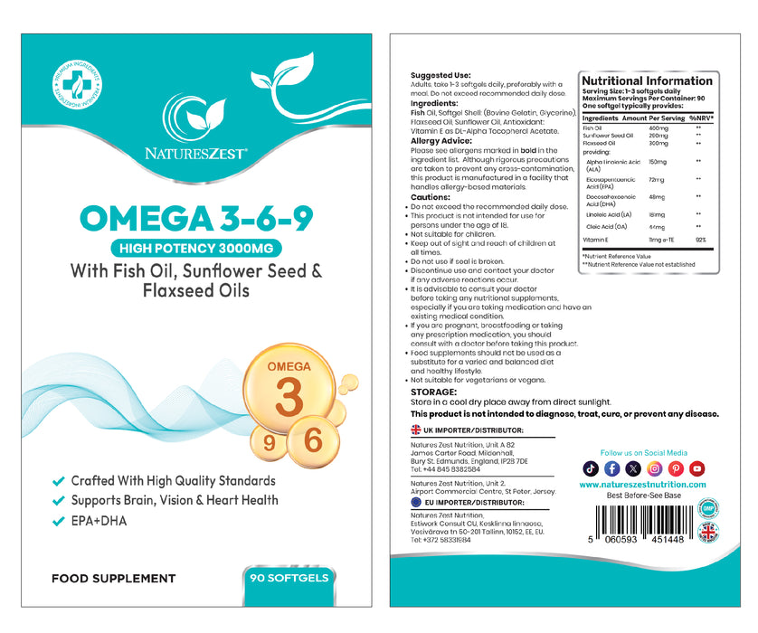 Omega 3-6-9 for Heart, Brain & Vision Support – High Strength 3000mg Softgels with EPA & DHA – Fish, Flaxseed & Sunflower Oils