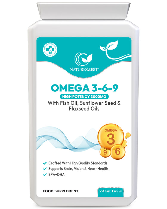 Omega 3-6-9 for Heart, Brain & Vision Support – High Strength 3000mg Softgels with EPA & DHA – Fish, Flaxseed & Sunflower Oils