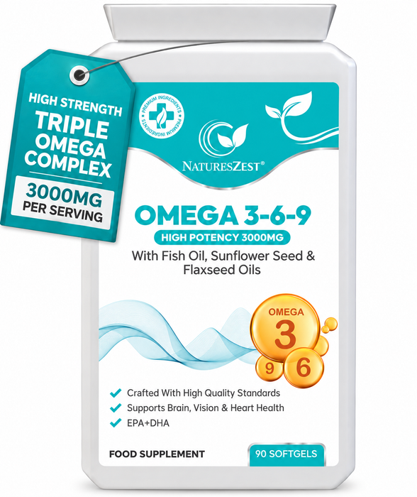 Omega 3-6-9 for Heart, Brain & Vision Support – High Strength 3000mg Softgels with EPA & DHA – Fish, Flaxseed & Sunflower Oils