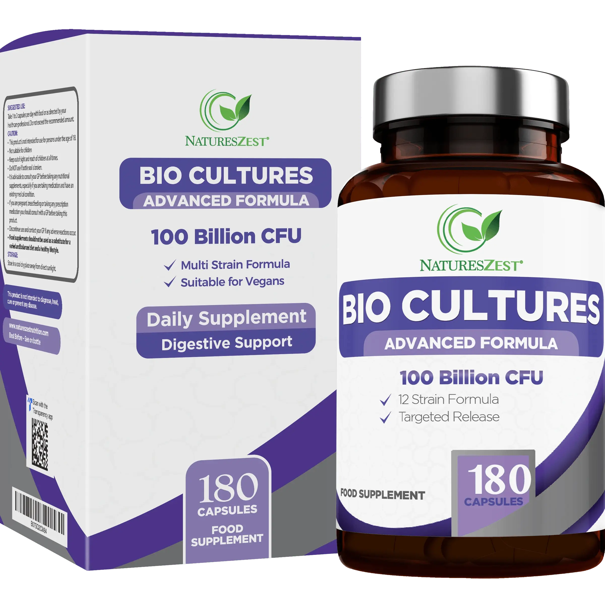 Probiotics Supplement 100 Billion CFU with Prebiotics Bio Cultures Complex 180 Vegan Caps Natures Zest