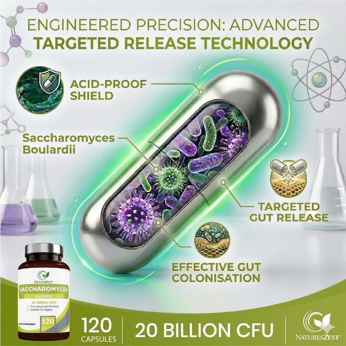 Probiotic for Travel & Post-Antibiotic Support – Saccharomyces Boulardii 20 Billion CFU with Prebiotics, 120 Capsules