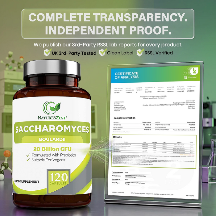 Probiotic for Travel & Post-Antibiotic Support – Saccharomyces Boulardii 20 Billion CFU with Prebiotics, 120 Capsules