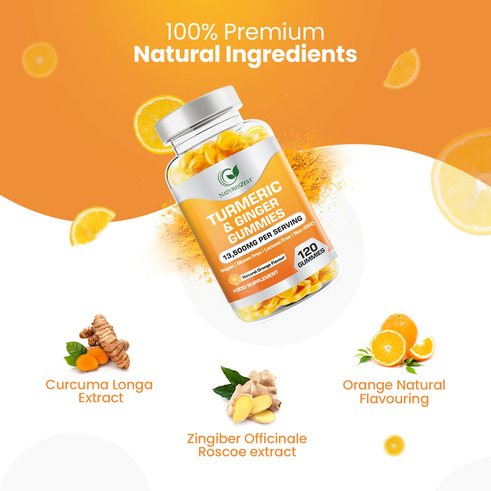 Turmeric & Ginger Gummies for Joint, Immunity & Digestive Support – Natural Orange Flavour, 120 Vegan Gummies