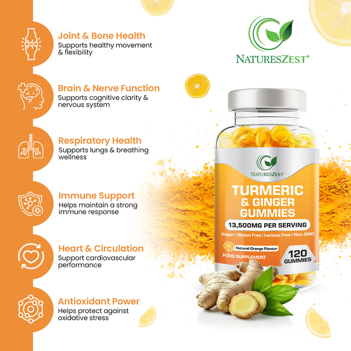 Turmeric & Ginger Gummies for Joint, Immunity & Digestive Support – Natural Orange Flavour, 120 Vegan Gummies