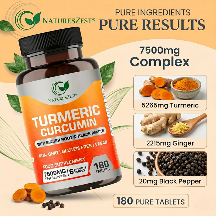 Turmeric Curcumin for Joint Comfort & Mobility Support– High Strength 7500mg Complex with Black Pepper & Ginger, 180 Tablets