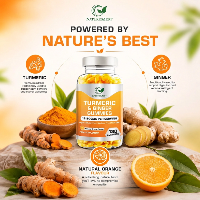 Turmeric & Ginger Gummies for Joint, Immunity & Digestive Support – Natural Orange Flavour, 120 Vegan Gummies