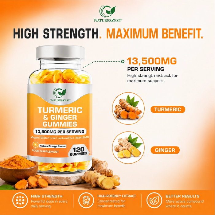 Turmeric & Ginger Gummies for Joint, Immunity & Digestive Support – Natural Orange Flavour, 120 Vegan Gummies