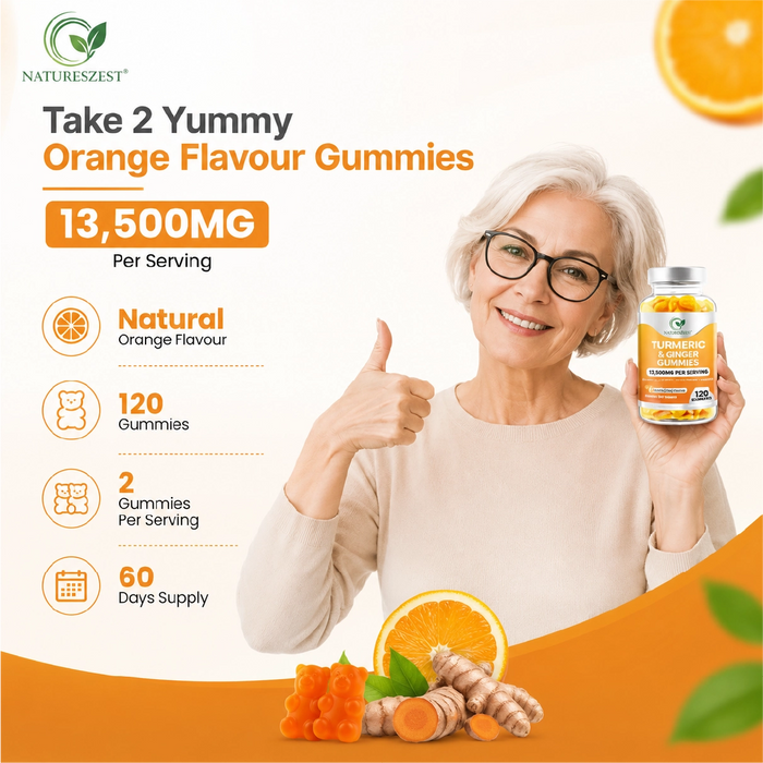 Turmeric & Ginger Gummies for Joint, Immunity & Digestive Support – Natural Orange Flavour, 120 Vegan Gummies