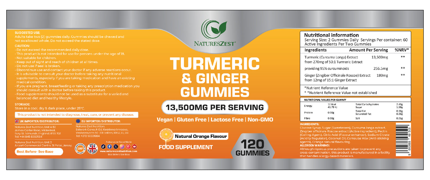 Turmeric & Ginger Gummies for Joint, Immunity & Digestive Support – Natural Orange Flavour, 120 Vegan Gummies
