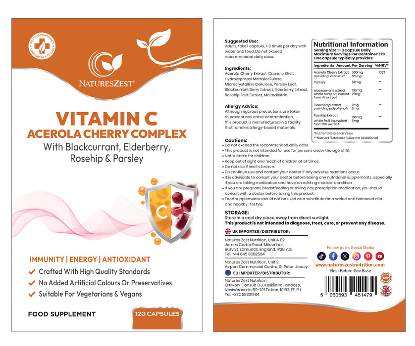 Vitamin C Complex for Immune & Energy Support – Natural Acerola Cherry with Elderberry, Rosehip & Blackcurrant, 120 Vegan Capsules