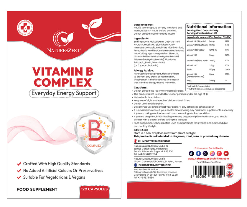 Vitamin B Complex for Energy, Metabolism & Nervous System Support – High Potency B Vitamins with PABA, 120 Vegan Capsules
