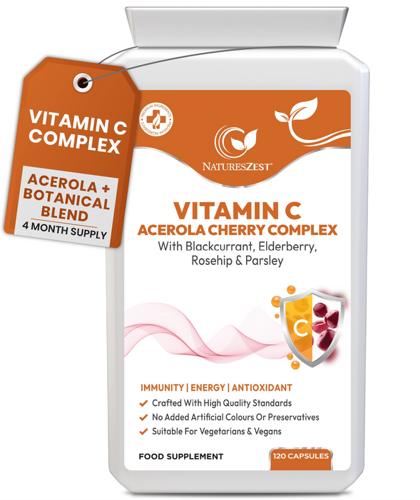 Vitamin C Complex for Immune & Energy Support – Natural Acerola Cherry with Elderberry, Rosehip & Blackcurrant, 120 Vegan Capsules