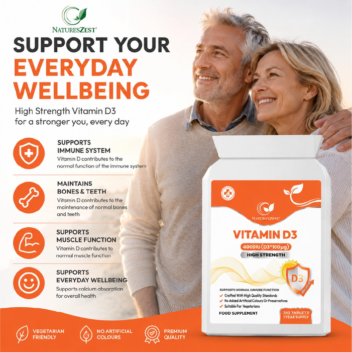Vitamin D3 4000 IU for Bones, Muscles & Immune Support – High Strength, 1-Year Supply for Teeth & Calcium Absorption 365 Tablets