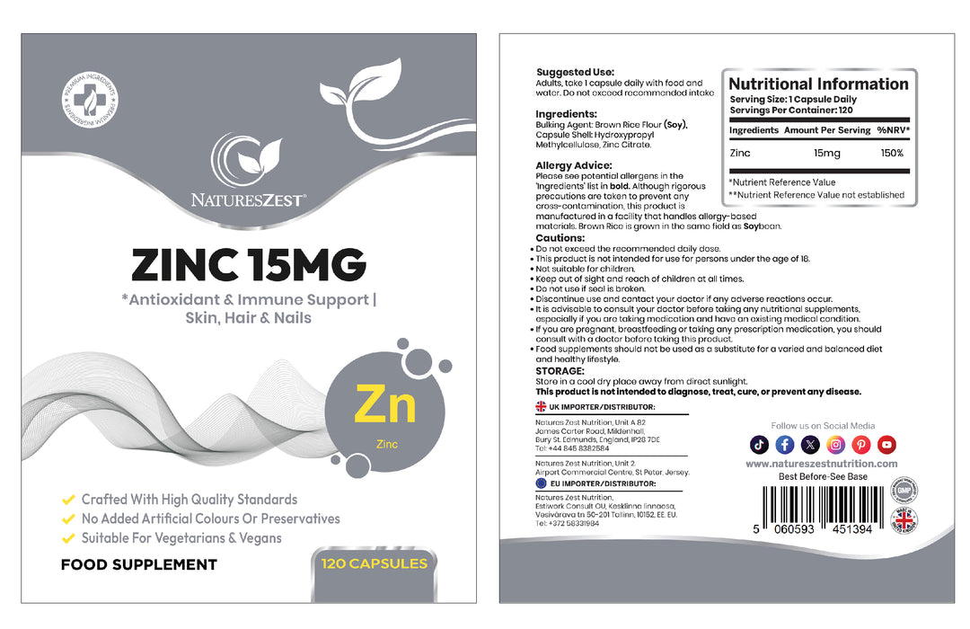 Zinc Supplement for Immunity, Skin & Cognitive Health Support – Highly Absorbable Zinc Citrate 15mg, 120 Vegan Capsules for Hair, Skin, Nails & Bones
