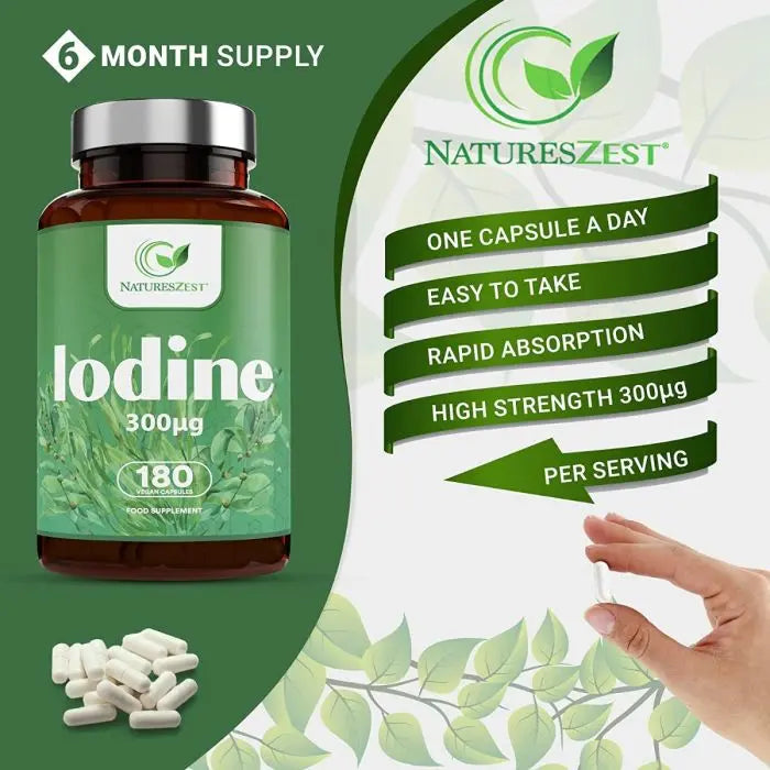 High Strength Iodine Supplement to Help Support Normal Thyroid Function - 180 Vegan Capsules Natures Zest